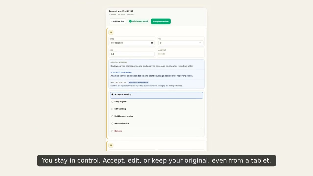 Preview of the Legal AI Billing pre-bill review screen